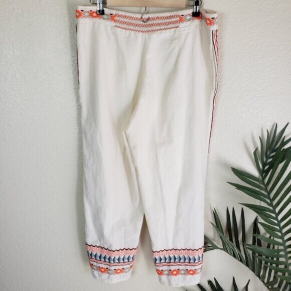 Anthropologie Islander Embroidered Wide Leg Crop Ankle Pants sz 12 Cotton/Linen - Picture 7 of 12